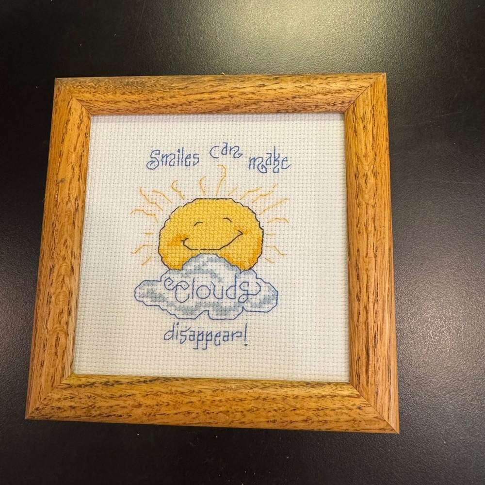 Handmade Cross Stitch Wall Art‎ Home Decor 5.5" Yellow Blue Sun Quote Wood Frame